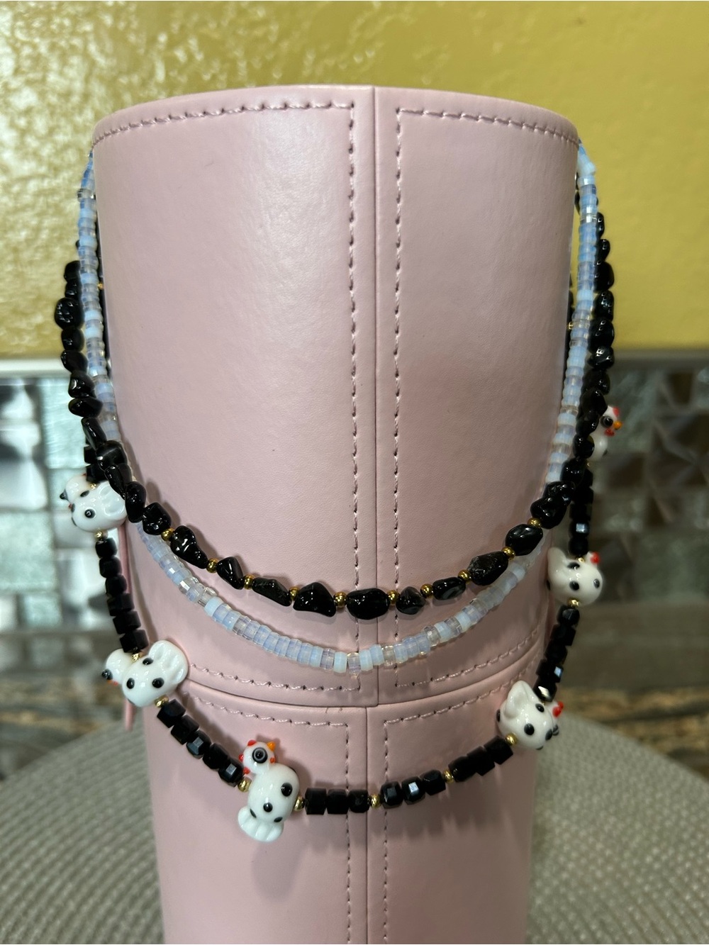 Handmade Hen Murano, Opal and Crystal Beaded Hen Charm Necklace - Black & White